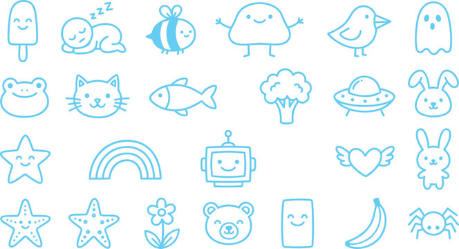 Cute blue doodle character icon set featuring animals starfish rainbow sleeping baby ghost spaceship for kids sticker design