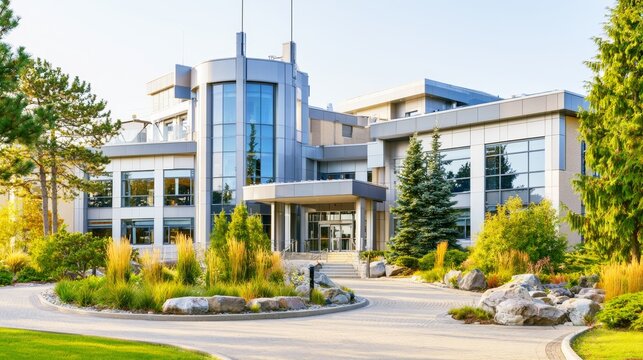 Contemporary healthcare building offering a clean design, surrounded by lush green landscaping and a paved driveway