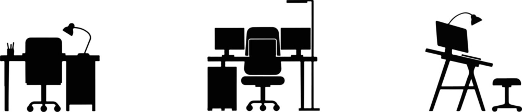 Office desk workstation featuring computer setups and furniture for business productivity