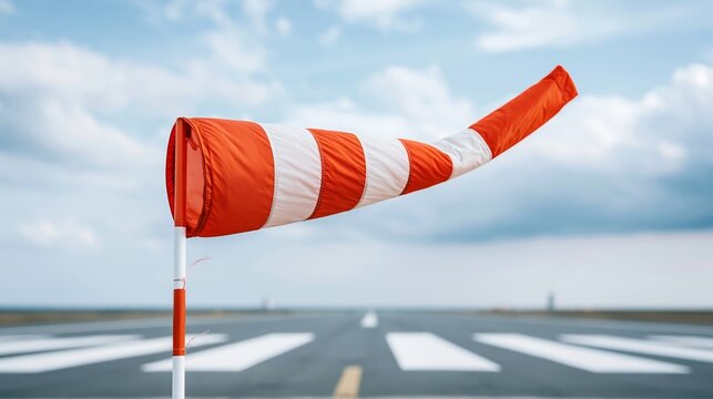 Windsock blowing, indicating wind direction at airport runway, essential for aviation weather safety