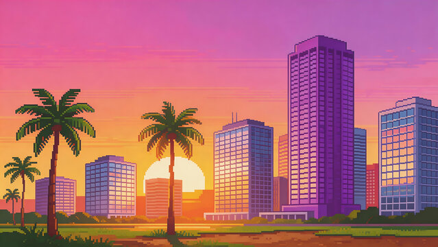 Pixel art cityscape with palm trees