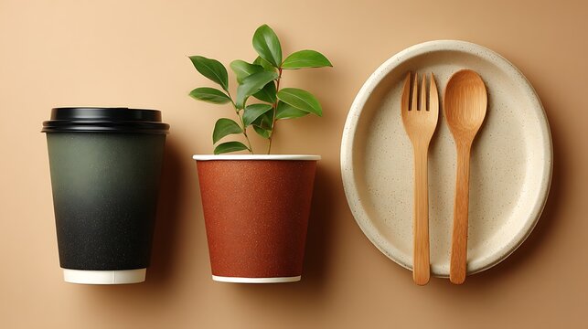 Eco-friendly sustainable tableware set with paper cups wooden cutlery and plate on a brown background