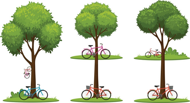 Beautiful bicycle trees illustration, colorful bikes leaning on tree trunks, nature park landscape vector design, creative outdoor eco-friendly transport artwork