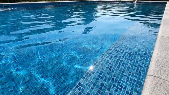 A clear blue swimming pool with rippling water surface view