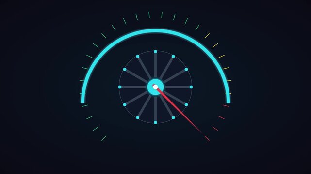 Digital speedometer gauge animation, abstract loading progress bar, performance measurement interface, futuristic data monitoring hud 4k