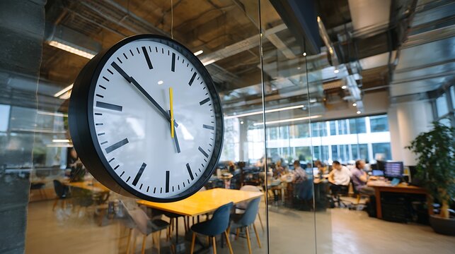 Large round wall clock hanging in a modern office interior with people working in the background