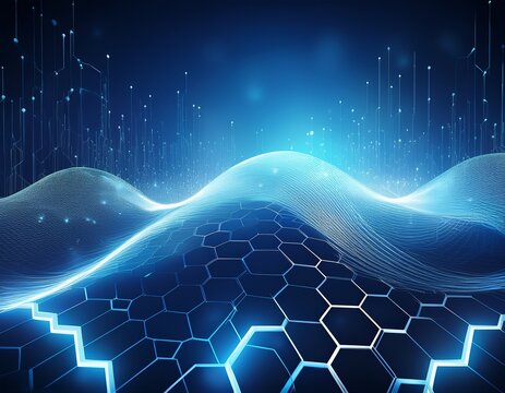 blue background with glowing white hexagons and flowing digital wave patterns