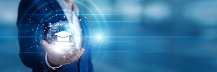 Online educator holding a handheld tablet broadcasting E-Learning modules for global students. Virtual teacher reviewing interactive assignments and facilitating remote digital classrooms. © FutureLogic Studio