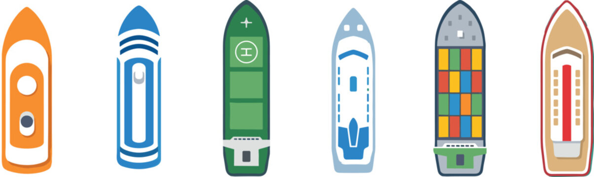 Top view boat vector set featuring cargo ship yacht cruise liner tanker container vessel flat marine icons