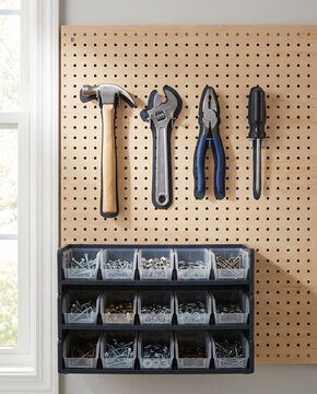 Garage pegboard with tools hung over matching silhouette outlines