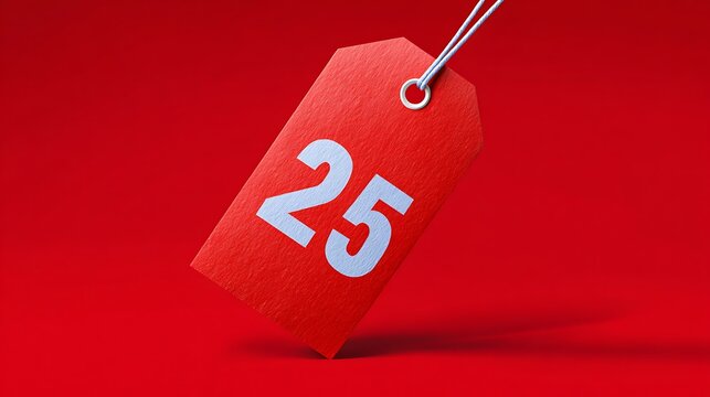 Red Discount Price Tag with Number 25 on Solid Red Background