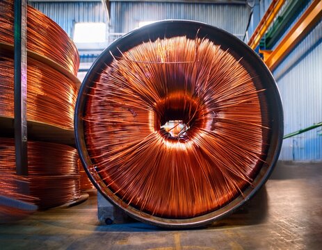 large bobbin of orange copper wire in light warehouse
