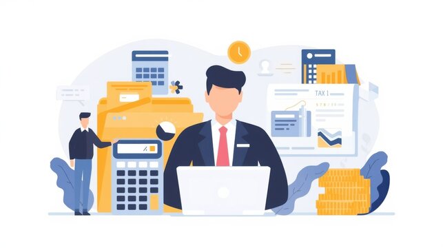 Professional financial analyst managing corporate tax documentation and digital accounting data within modern virtual workplace environment with calculator icons flat vector style