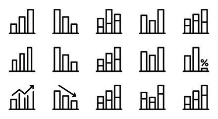 Obraz premium Set of fifteen outline business icons displaying various bar chart configurations for data analysis trend tracking and financial reporting business analytics