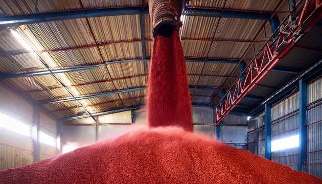 pouring red phosphate fertilizers on pile in storehouse