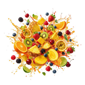 Fresh mixed fruits explosion with juice splash isolated as PNG