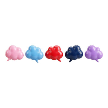 Five colorful speech bubble clouds in a row isolated as PNG