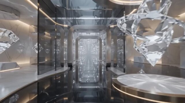 Luxury Floating Diamond Crystal Gallery with Platinum Architecture and Elegant Lighting 8K