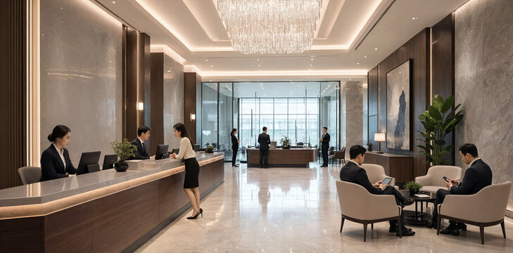 Modern luxury hotel lobby reception area with employees assisting guests at the desk check in high end reception concierge business interior receptionist hospitality professional