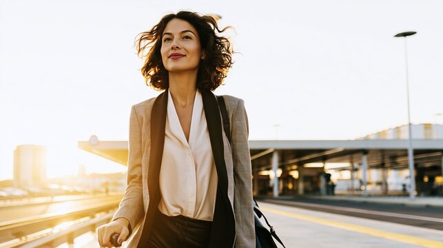 Young businesswoman looking forward with confidence, standing at a transport station during golden hour