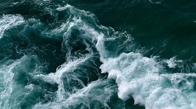 Dynamic ocean surface with turbulent waves and frothy whitecaps swirling across deep teal water under natural lighting