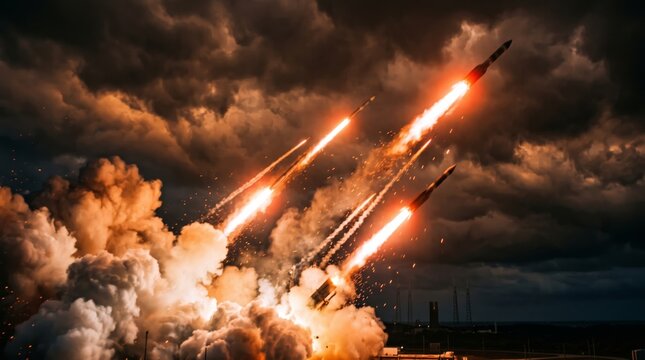 Multiple Missiles Launching into Stormy Clouds with Fiery Engine Exhaust Trails and Flying Sparks