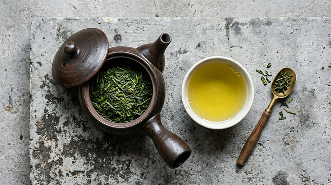 Loose leaf green tea leaves inside a traditional clay teapot with a cup