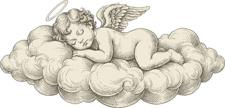 Sleeping baby angel on a cloud. Vintage cherub illustration with halo and wings.