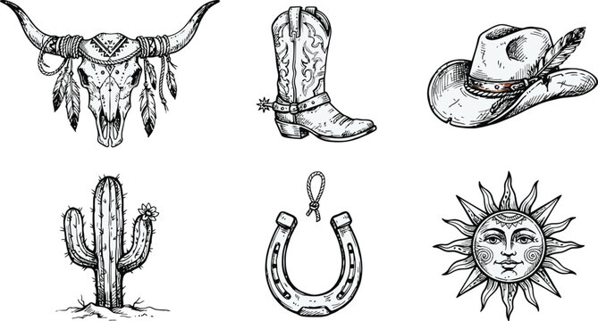 Western icon set with cowboy elements. Hand drawn wild west symbols and ranch graphics.