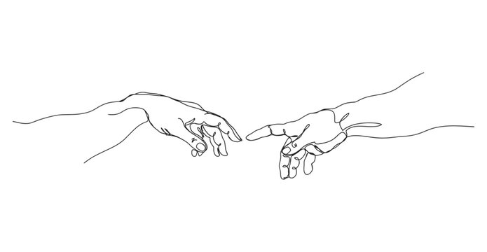 Minimalist continuous line illustration of two hands reaching to touch representing human contact