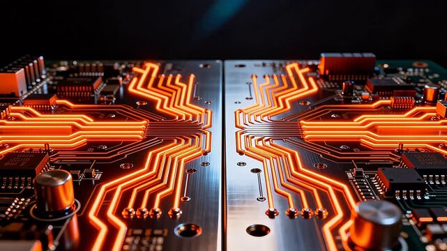 Circuit board with glowing orange pathways
