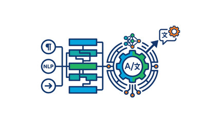 AI language translation diagram with multilingual icons and gears. © mursidi