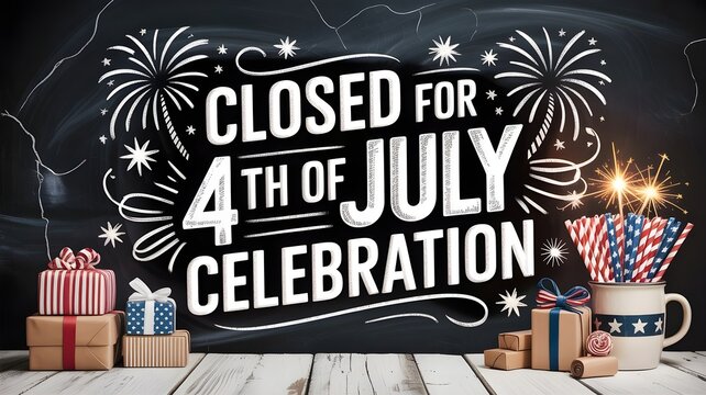 Closed for 4th of july celebration sign on chalkboard background with festive decorations, gifts, and sparklers for independence day holiday closure notice