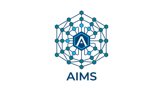 AIMS logo featuring blue hexagonal node network structure