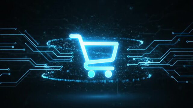 A glowing digital shopping cart icon on a dark circuit background