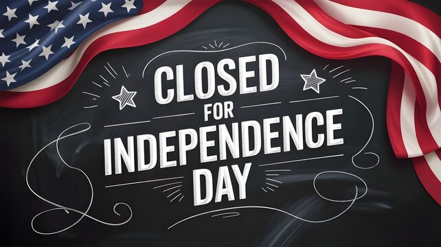 Independence day sign on chalkboard background with american flag closed for july 4th holiday notice, festive patriotic banner with text written in chalk style