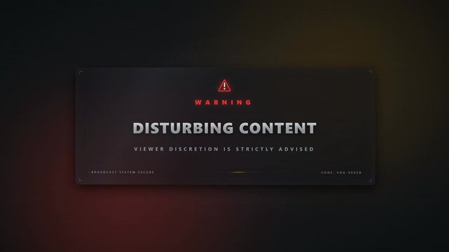 Futuristic 3D Glass Broadcast Interface Displaying Disturbing Content Warning