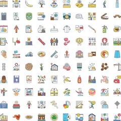 Naklejka premium Large grid displaying a wide range of colorful outline icons illustrating elements from business, technology, nature, food, healthcare, and everyday objects, offering versatile design assets