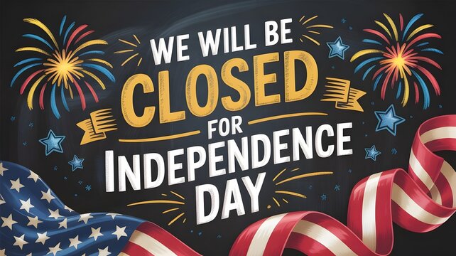 Independence day closure sign with american flag and fireworks on chalkboard background holiday notice for business, office, or store closure on july 4th