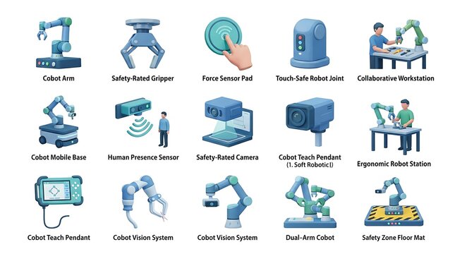 Industrial robotic automation systems and collaborative robot icons set with robotics automation industry technology manufacturing mechanical engineering industrial production assembly