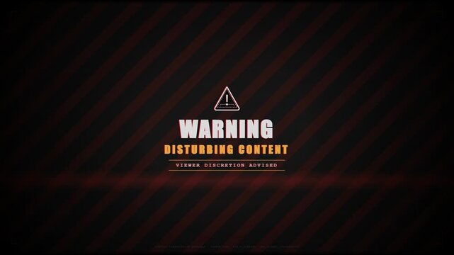 Glitch Warning Screen with Disturbing Content Message and Industrial Caution Stripes