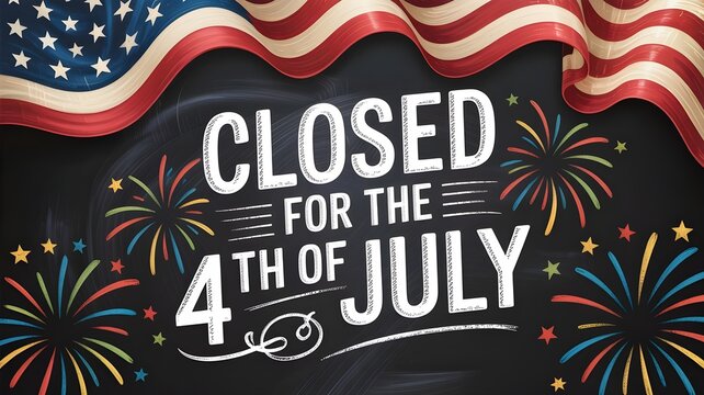 Closed for the 4th of july sign with american flag and fireworks on chalkboard background