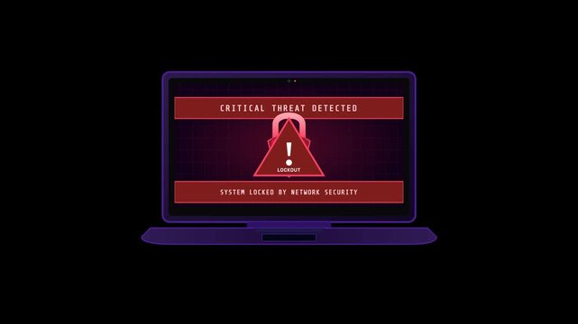 Compromised cyber lockout terminal with red glowing padlock on laptop screen animation