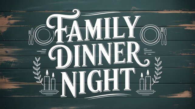 Family dinner night lettering on a dark rustic wooden background with plates, cutlery, and candles chalkboard style typography design for restaurant menu or home decor