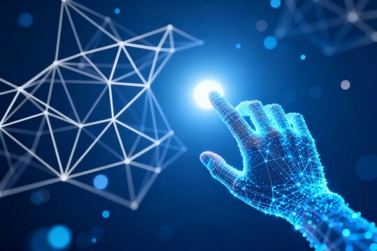 Digital wireframe hand reaching toward abstract network