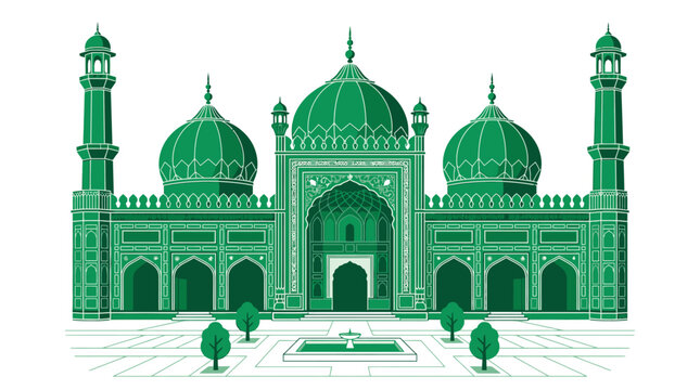 Islamic mosque vector illustration, green emerald masjid building with domes and minarets, traditional religious architecture for Ramadan and Eid