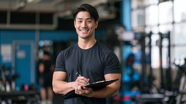 ジムでバインダーを持ち健康的で爽やかな笑顔を見せる日本人男性
