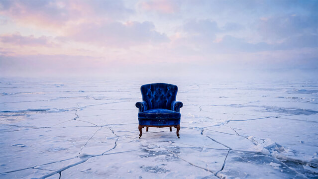 Fauteuil de velours bleu sur la banquise