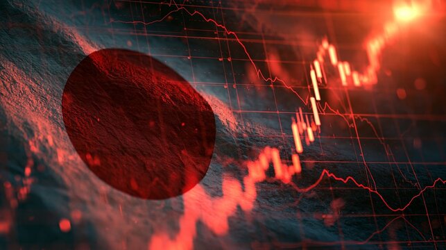 赤背景に描かれた下落トレンドの株価チャートと日の丸のイメージ