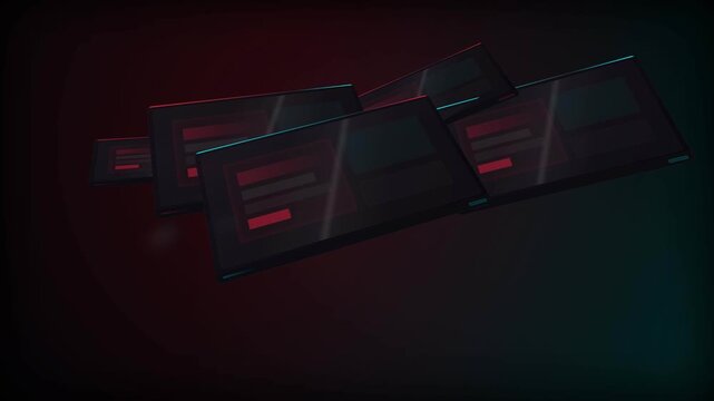Futuristic cyber security slabs floating in dark immersive space with red digital data